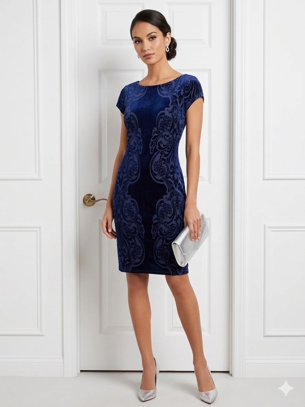 Marina Blue Velvet Damask Sheath Dress Size 6